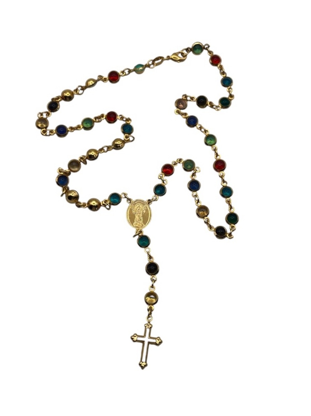 Catholic religious multi colored bezel set beaded rosary necklace cross gold tne